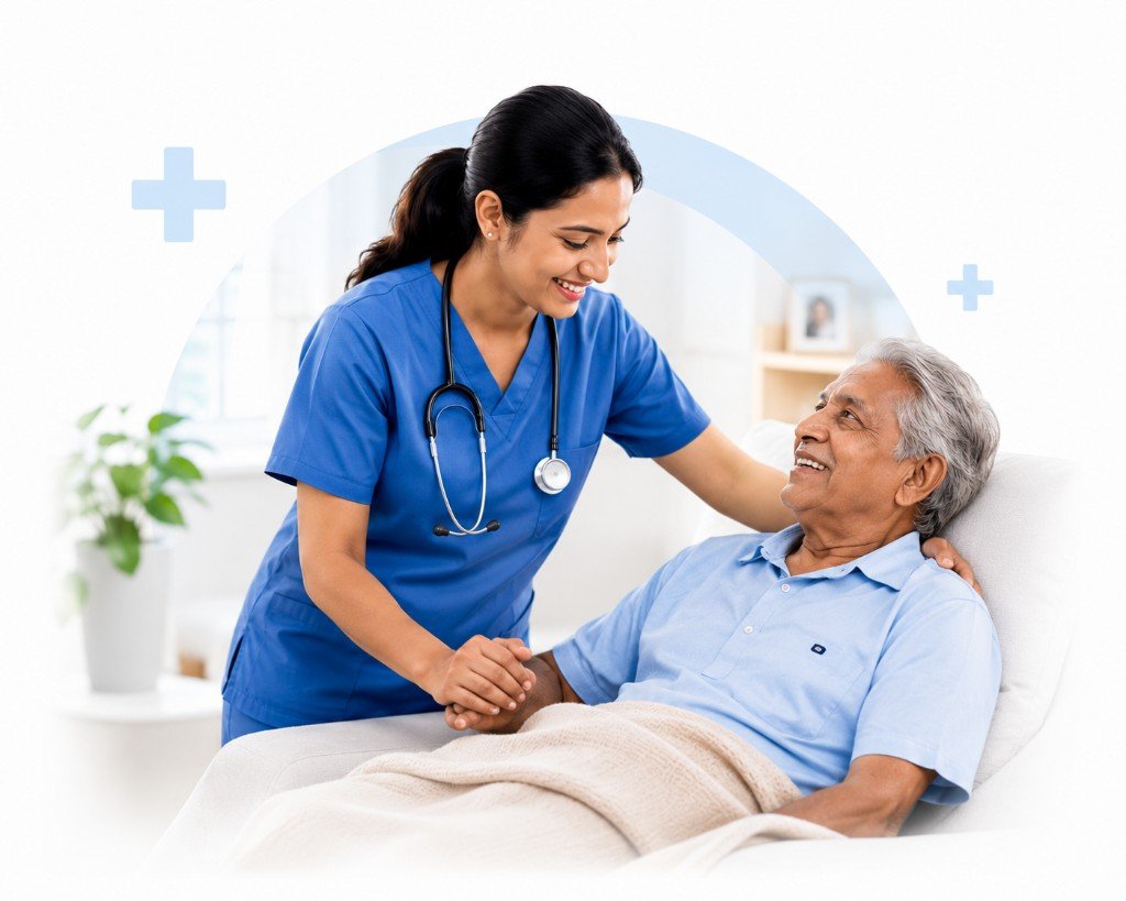 A smiling nurse holding the hand of a happy elderly patient